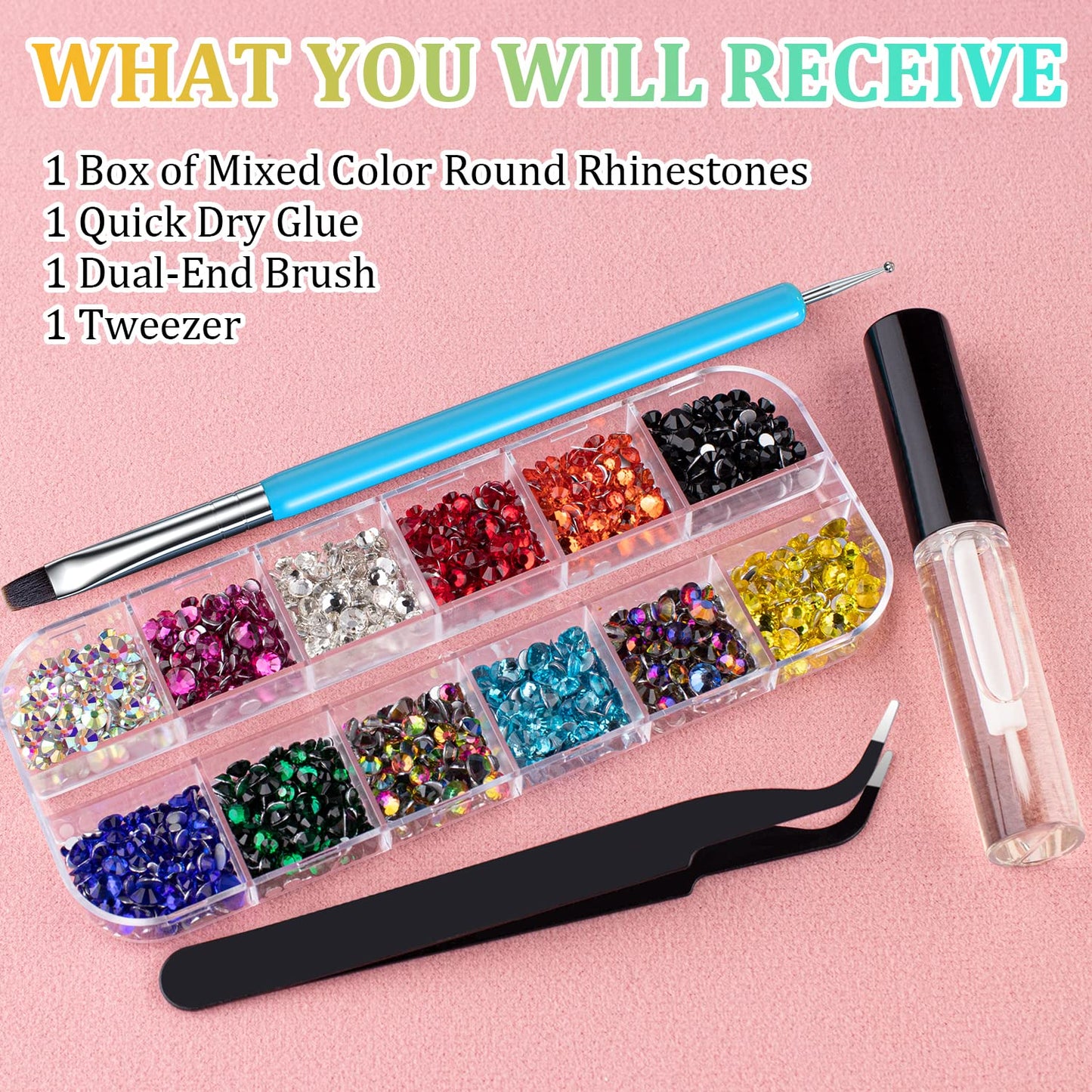 Round Flatback Face Gems Kit (Colorful) for Makeup with Quick Dry Glue + Brush + Tweezer, Nail Art Rhinestones Mixed Color Iridescent Chameleon Glass Crystal Beads for Make-up Deco