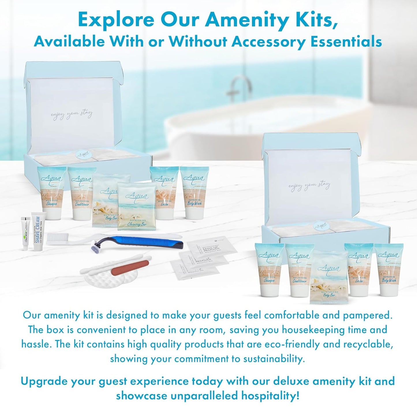 Aqua Organics Amenity & Accessory Kit|1oz Travel Size Shampoo,Conditioner,Lotion,Body Wash,Body Bar, Cleansing Bar, Shave & Dental Sets, Make-Up Remover Wipes & Vanity Kit|60 sets