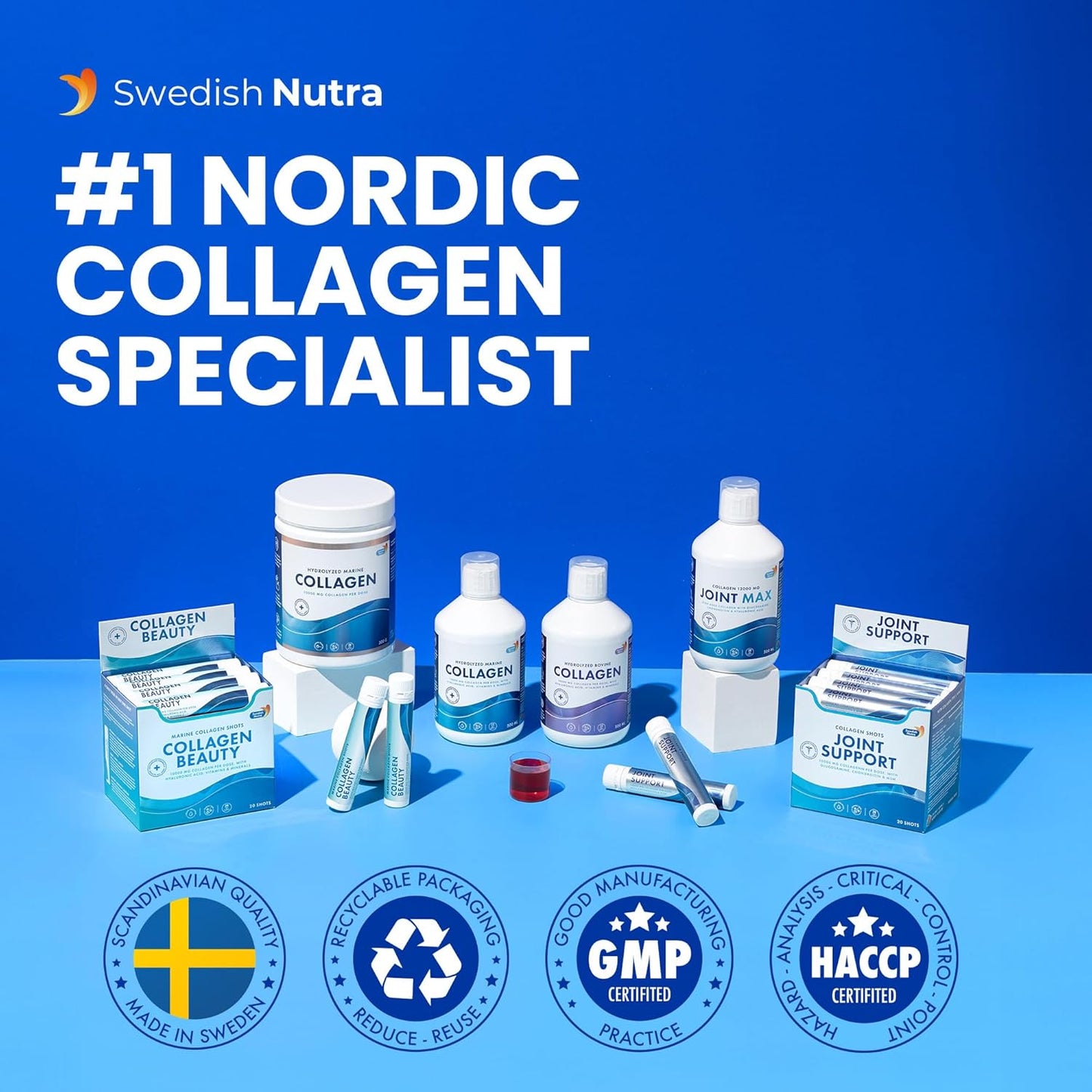 Swedish Nutra - Liquid Marine Collagen 10,000mg - 3 Packs of 500ml I Hydrolyzed Collagen Peptides (Type I & III) I Hyaluronic Acid, Biotin, Vitamin C - 60 Day Supply