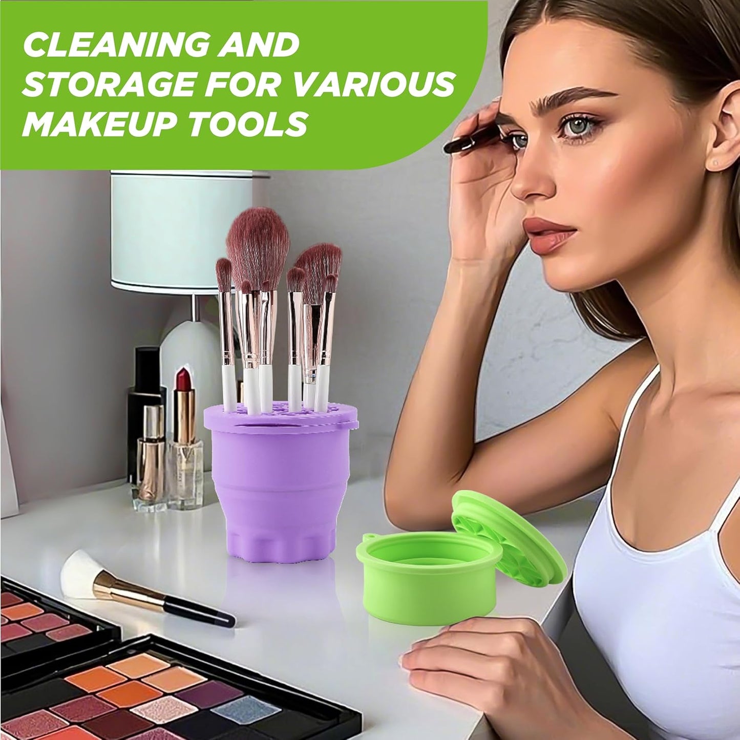 Makeup Brush Cleaner - Foldable Silicone Makeup Brush Cleaner Mat with Brush Storage Holder Makeup Brush Cleaning Bowl Cosmetic Brush Washing Tool for Cleaning Organizer and Drying (Purple and Green)