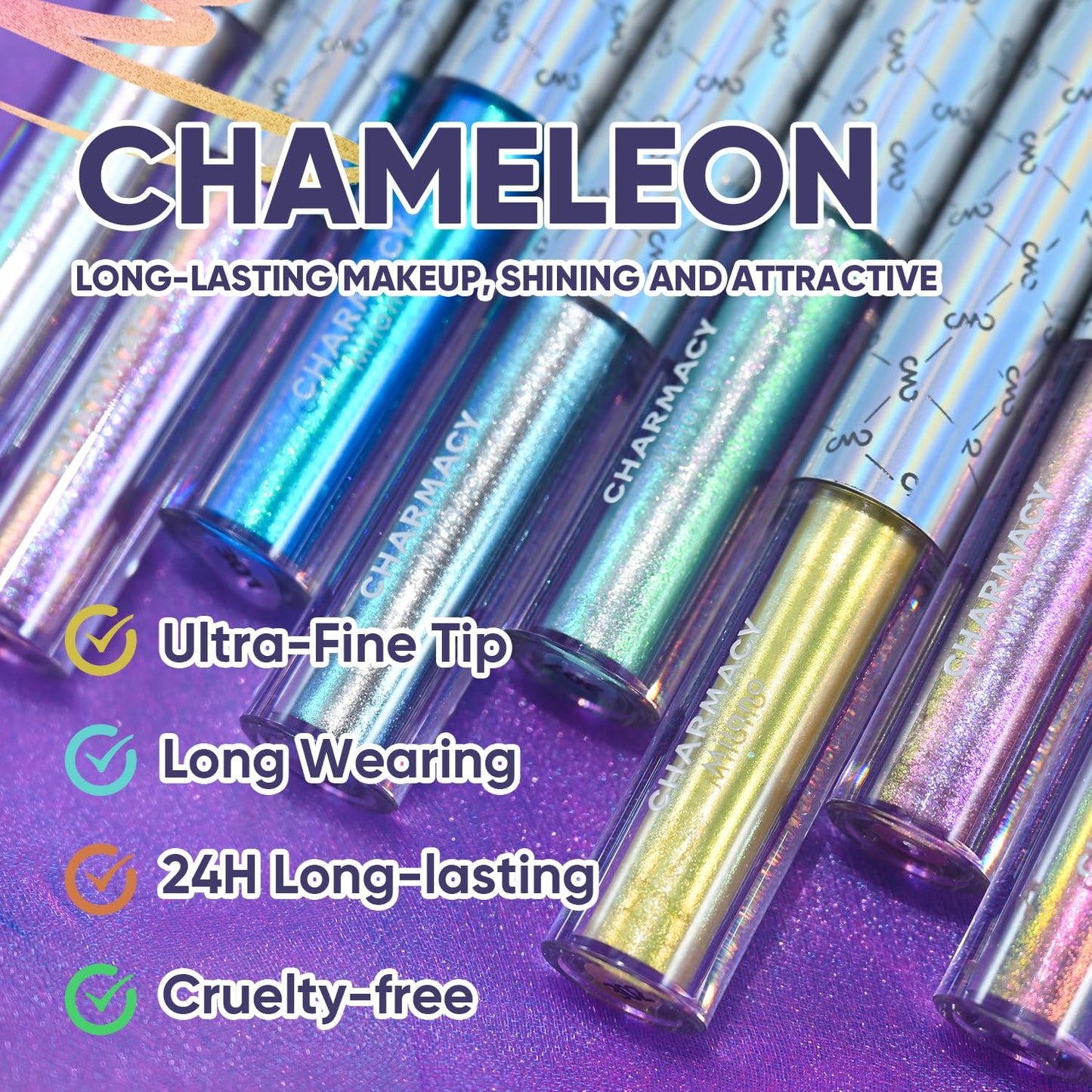 CHARMACY Chameleon Liquid Eyeliner, Liquid Glitter Eyeliner, Highly Pigmented, Metallic MultiColor Shifting waterproof Eyeliner, Ultra-Fine Tip, Longwearing, Smudge-proof (#301)