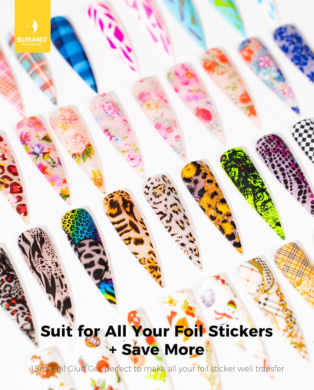 BURANO Nail Art Nail Foil Glue Gel, o.5 oz with 10PCS Foil Stickers Set Nail Foil Glue for Nails Foil Transfer Gel, Nail Design DIY UV LED Lamp Required (Flower Foil 11)