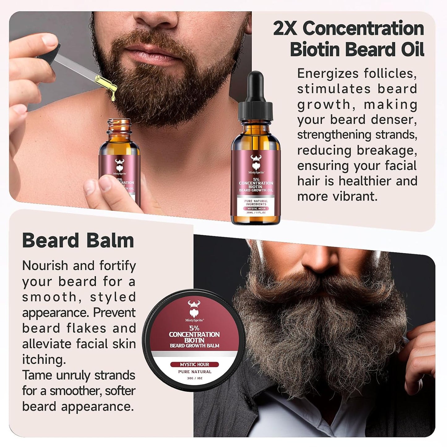 Beard Growth kit & Beard Balm - Beard Growth Kit with 5% Concentration Biotin for Men, Natural Ingredients with Argan Oil, Jojoba Oil and Vitamin (Mystic Hour)