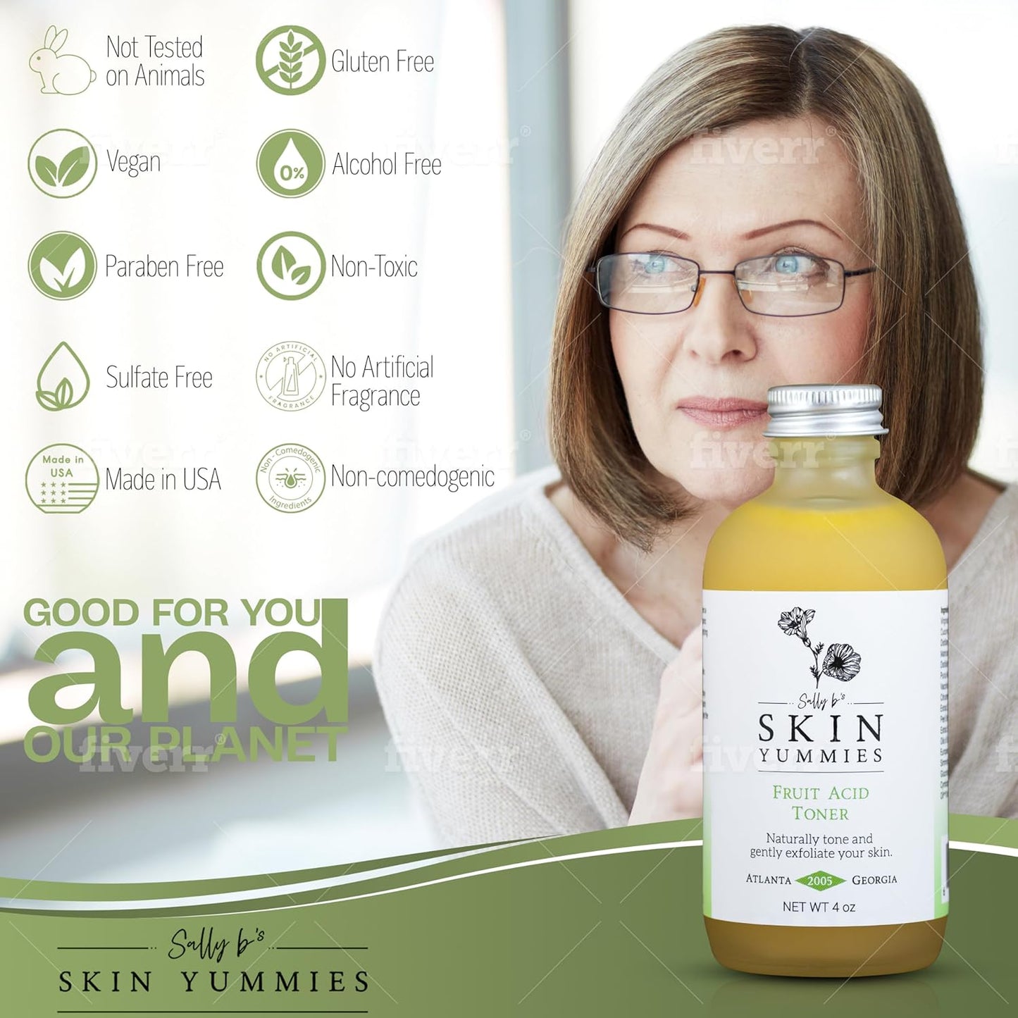 Sally B's Fruit Acid Face Toner and Daily Exfoliator/Alpha Hydroxy Acid (AHA) / 5 in 1 Action: Astringent, Cleansing, Calming, Exfoliating, and Hydrating / 4OZ