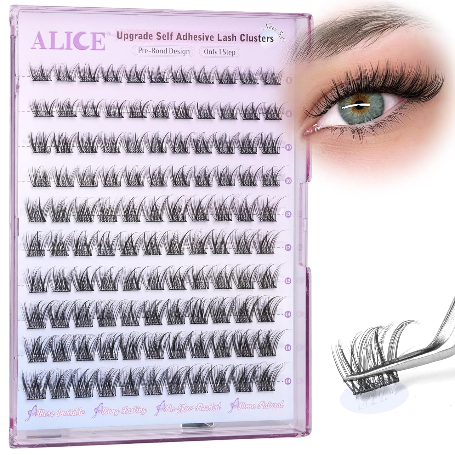 ALICE Self Adhesive Lashes Natural Look Self Adhesive Lash Clusters Wispy Reusable Press on Lashes Pre-Glue 8-14mm 120pcs C-Curly No Glue Needed Eyelashes