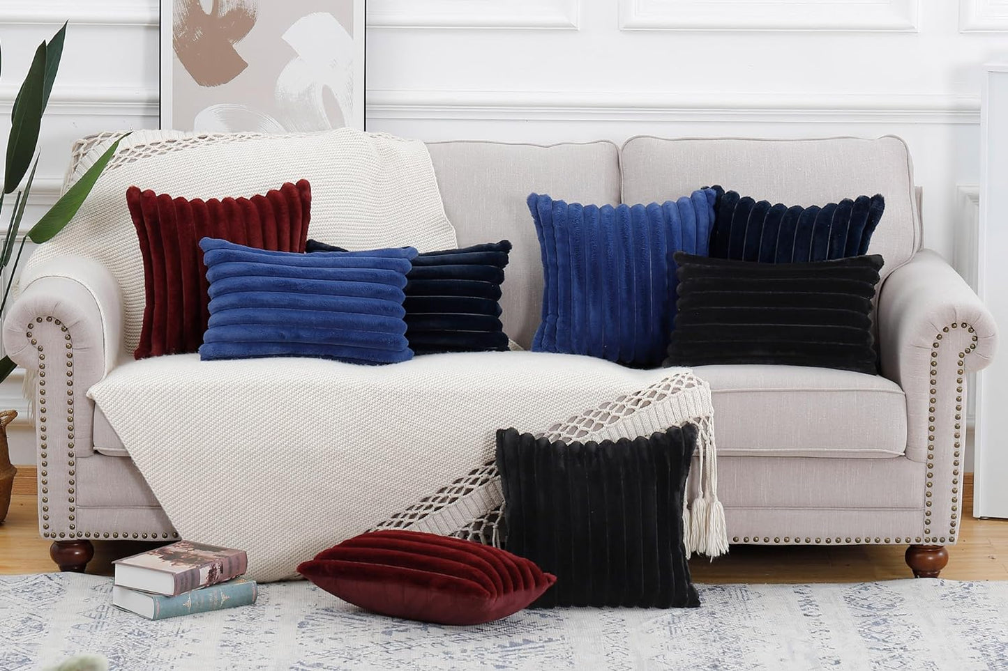 MADIZZ Set of 2 Faux Wool Plush Decorative Throw Pillow Covers 18x18 Inch Blue Fluffy Striped Soft Decorative Cushion Cover for Sofa Bedroom Pillow Shell