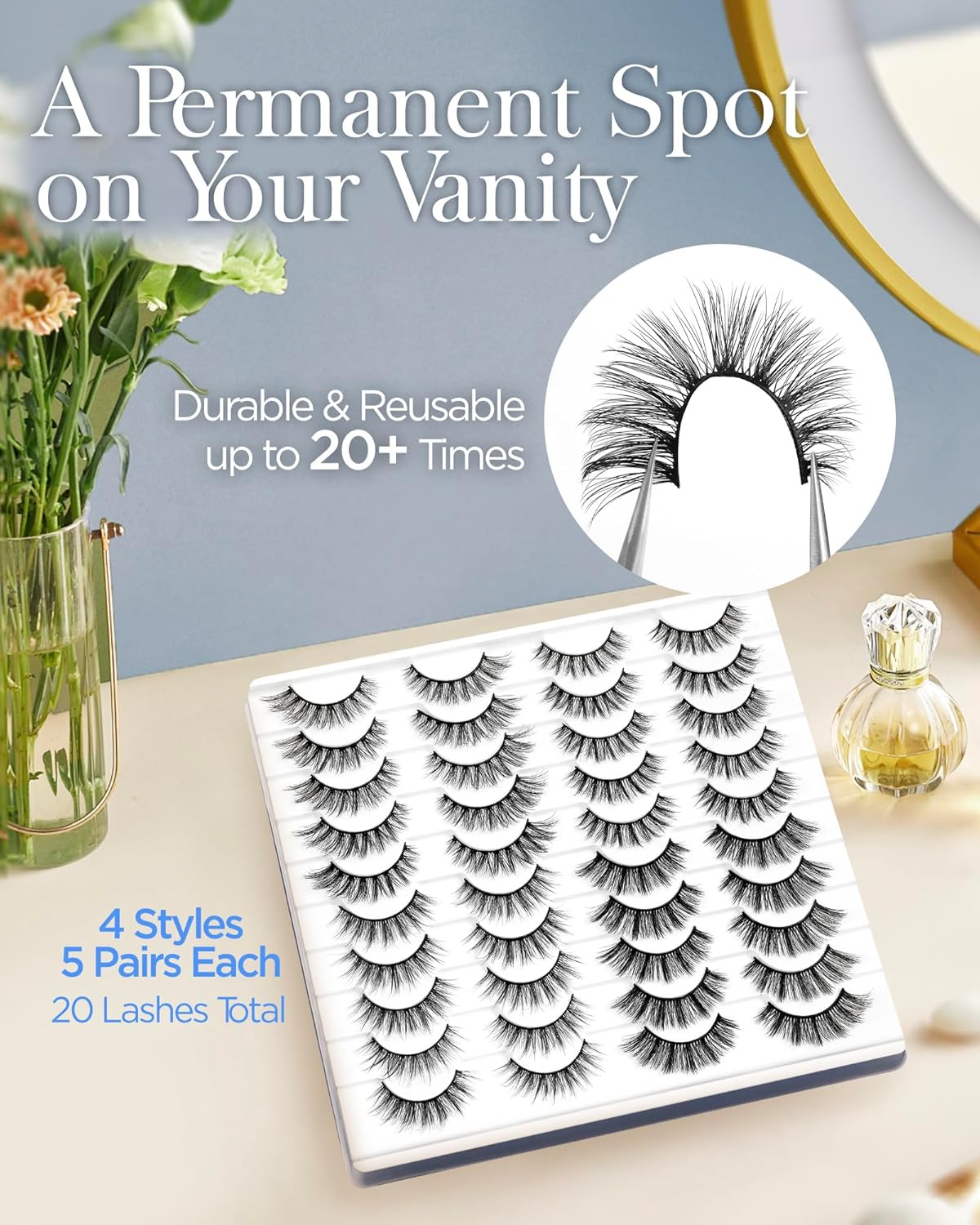 BEYELIAN False Eyelashes Natural Look 20 Pairs Strip Lashes, Wispy Lash Pack Soft 3D Volume Faux Mink Lashes That Look Like Extensions C-MIX-2