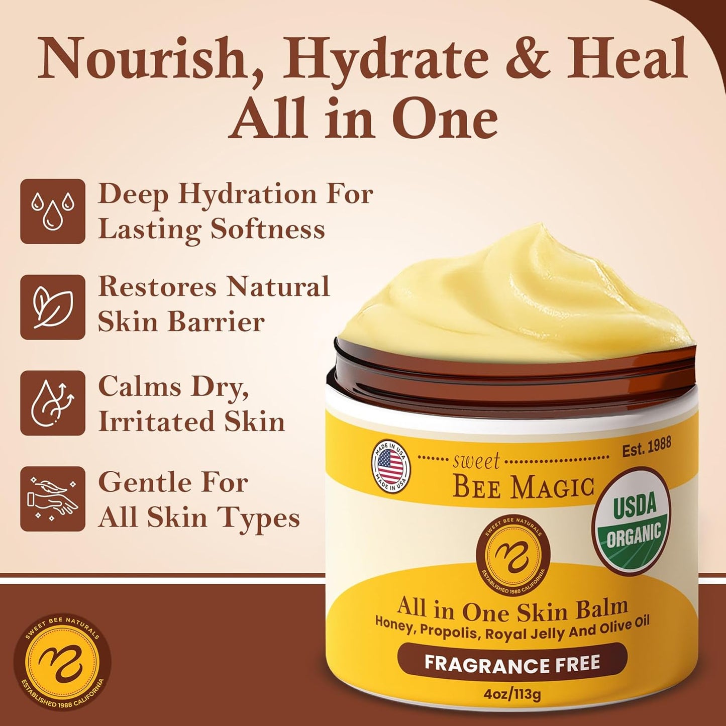 Sweet Bee Magic All In One Healing Organic Balm - Natural Skin Healing Cream, Beeswax Balm for Dry Skin, Face & Body Moisturizer - Certified Organic, All Natural Aid - 1 Jar (4oz)