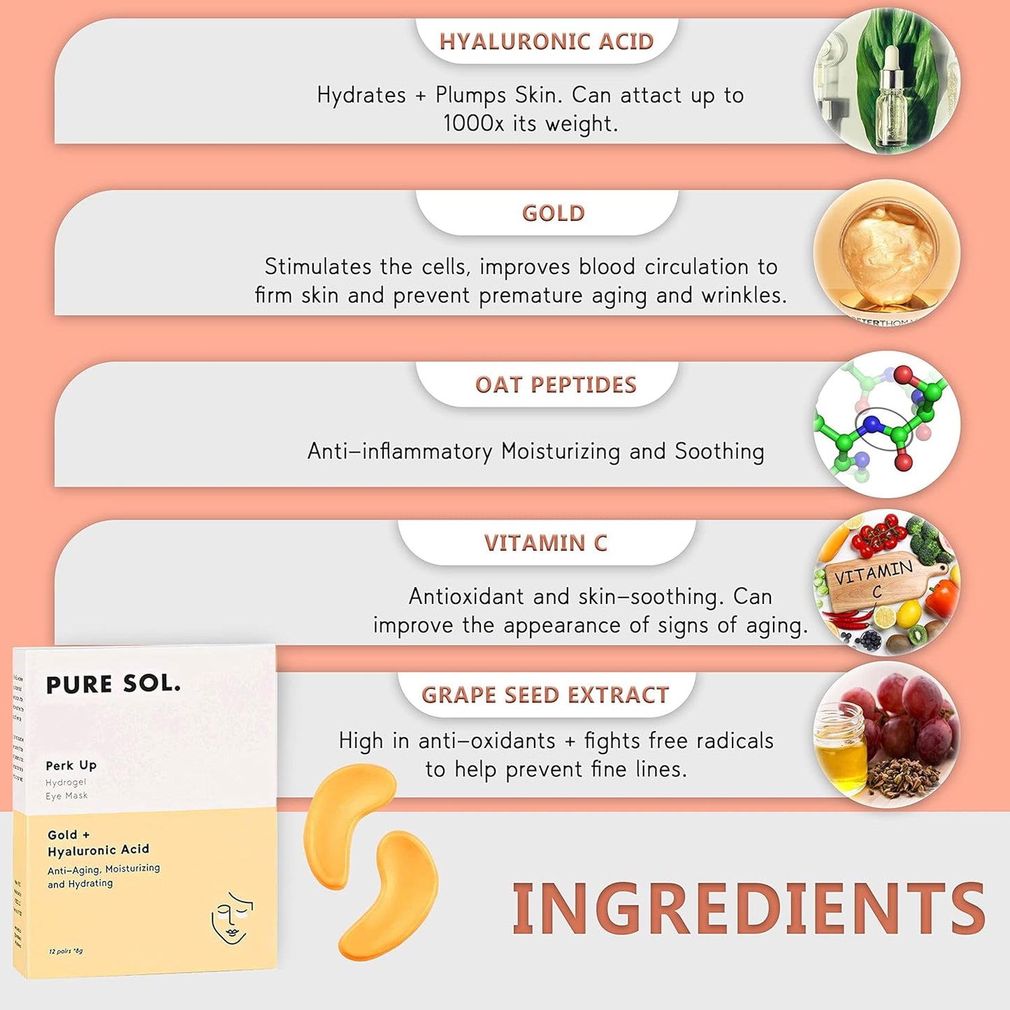 PURE SOL Hydrogel Gold Under Eye Mask - Hyaluronic Acid, Retinol - Anti-aging, Moisturizing and Hydrating - 12 Pairs | Eye Patches for Puffy eyes, Dark Circles - Gifts for Women. Gifts for Mom