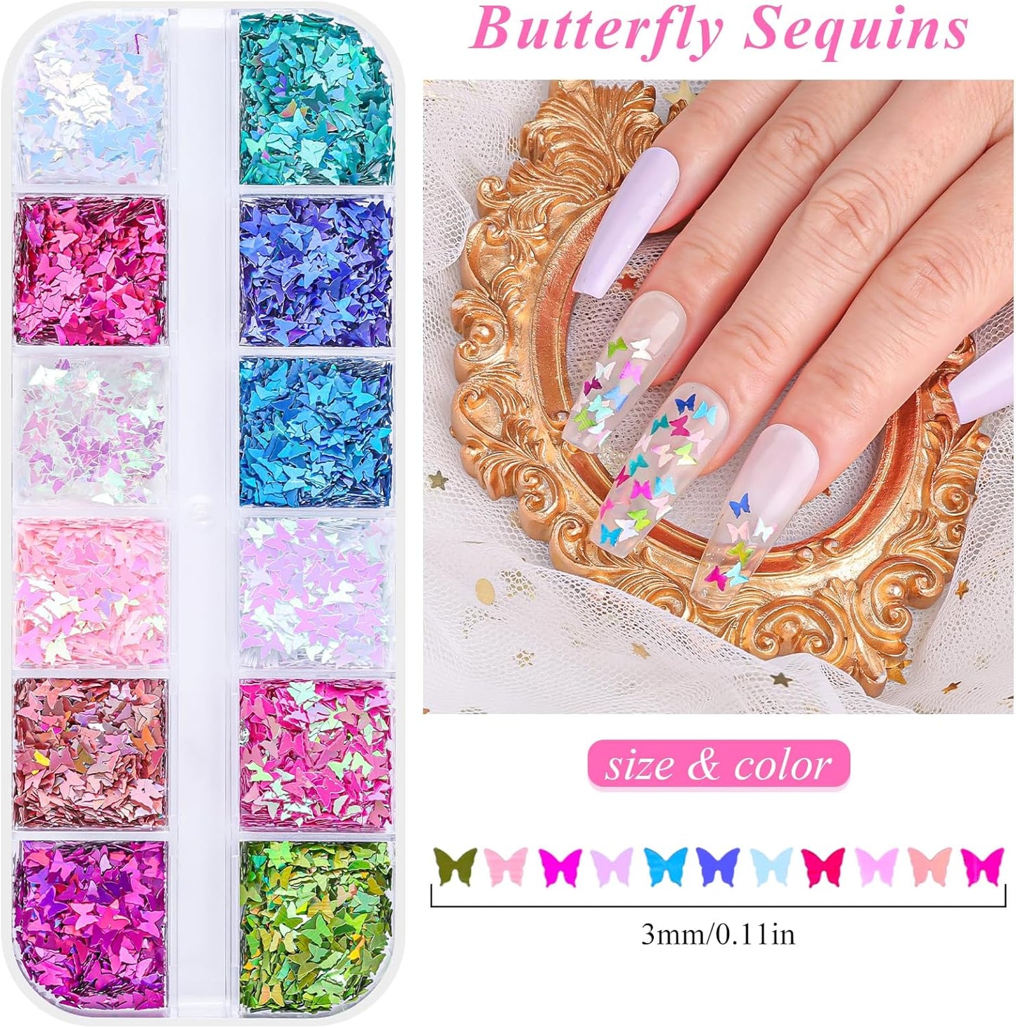 5 Boxes 60 Colors Holographic Nail Art Sequins Kit,Fruit Slice,Iridescent Sparkle Laser Hollow 3D Star Butterfly Heart Round Mixed-shapes Nail Glitter Flakes for Manicure Body Makeup(3-colorful-kit3)