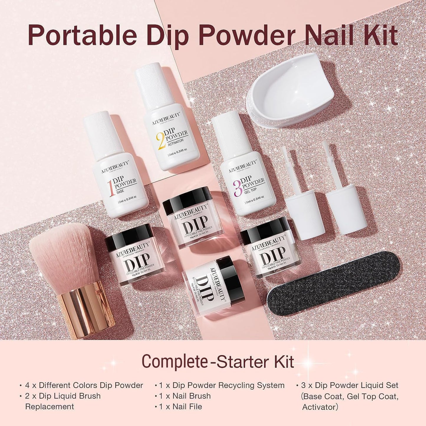 AZUREBEAUTY Dip Powder Nail Kit Starter, All Season Nude Skin Glitter 4 Colors Dipping Powder Liquid Set Recycling Tray with Base & Top Coat Activator for French Nail Art Manicure Salon DIY at Home.