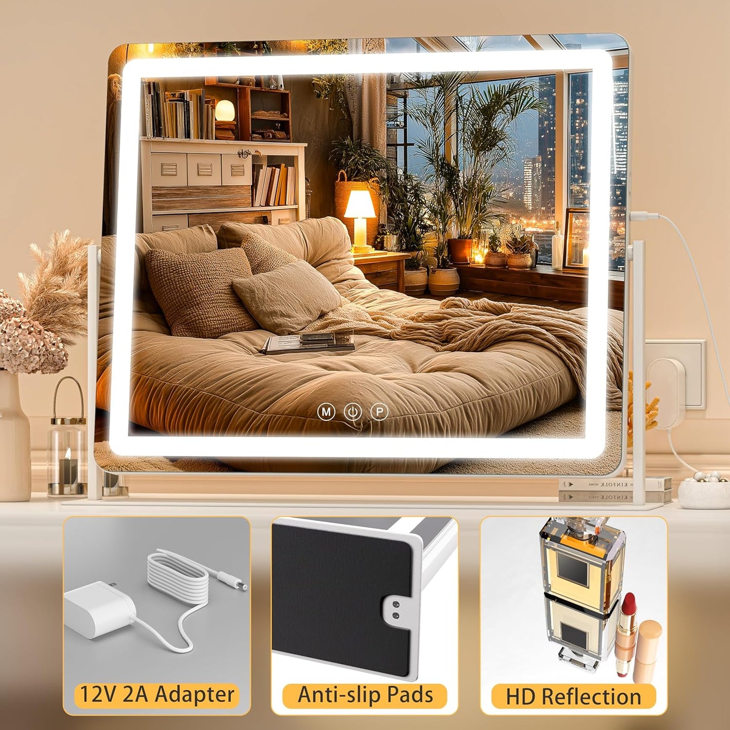 Vanity Mirror with Lights, 34'' x 25.6'' Lighted Makeup Mirror, Touch Screen with 3-Color Lighting, Dimmable for Vanity Desk Tabletop Round White