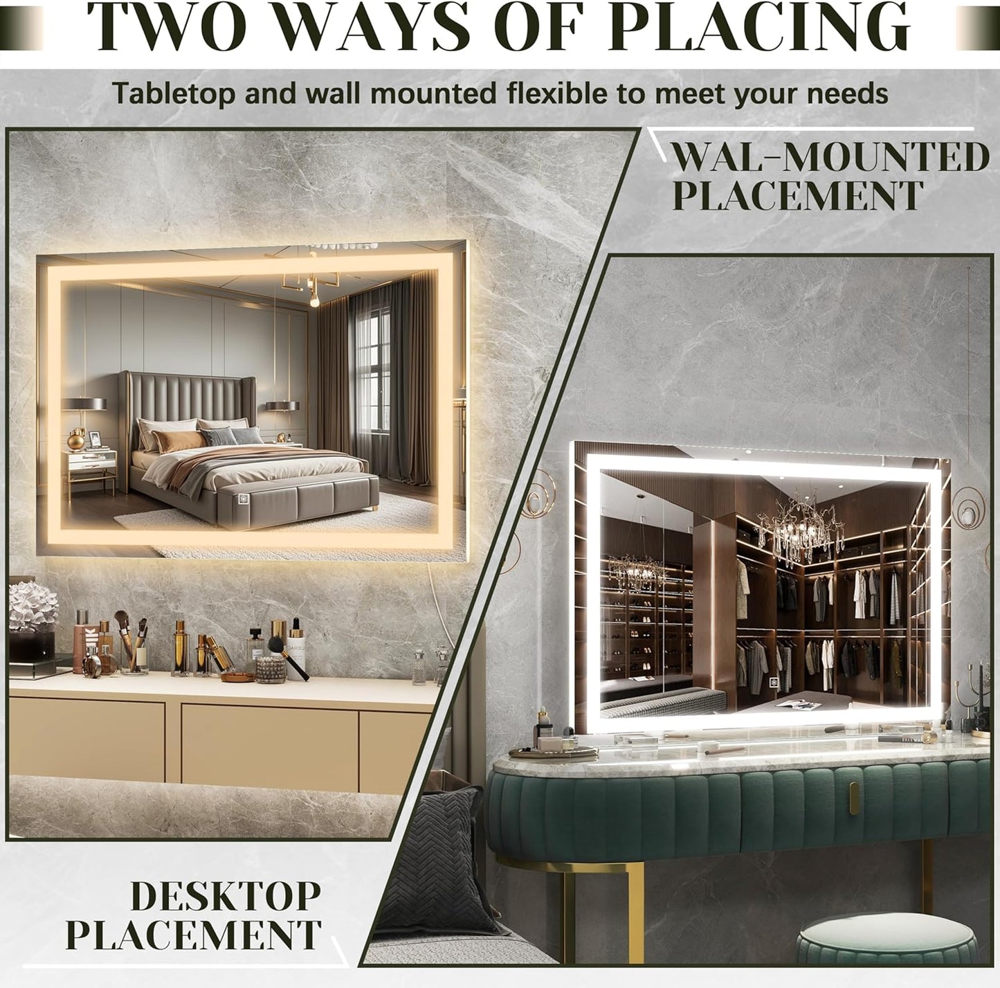 32x 22 Inch Large Lighted Vanity Mirror with Dimmable 3 Modes, LED Makeup Mirror for Bathroom & Dressing Room, Tabletop or Wall-Mounted, White