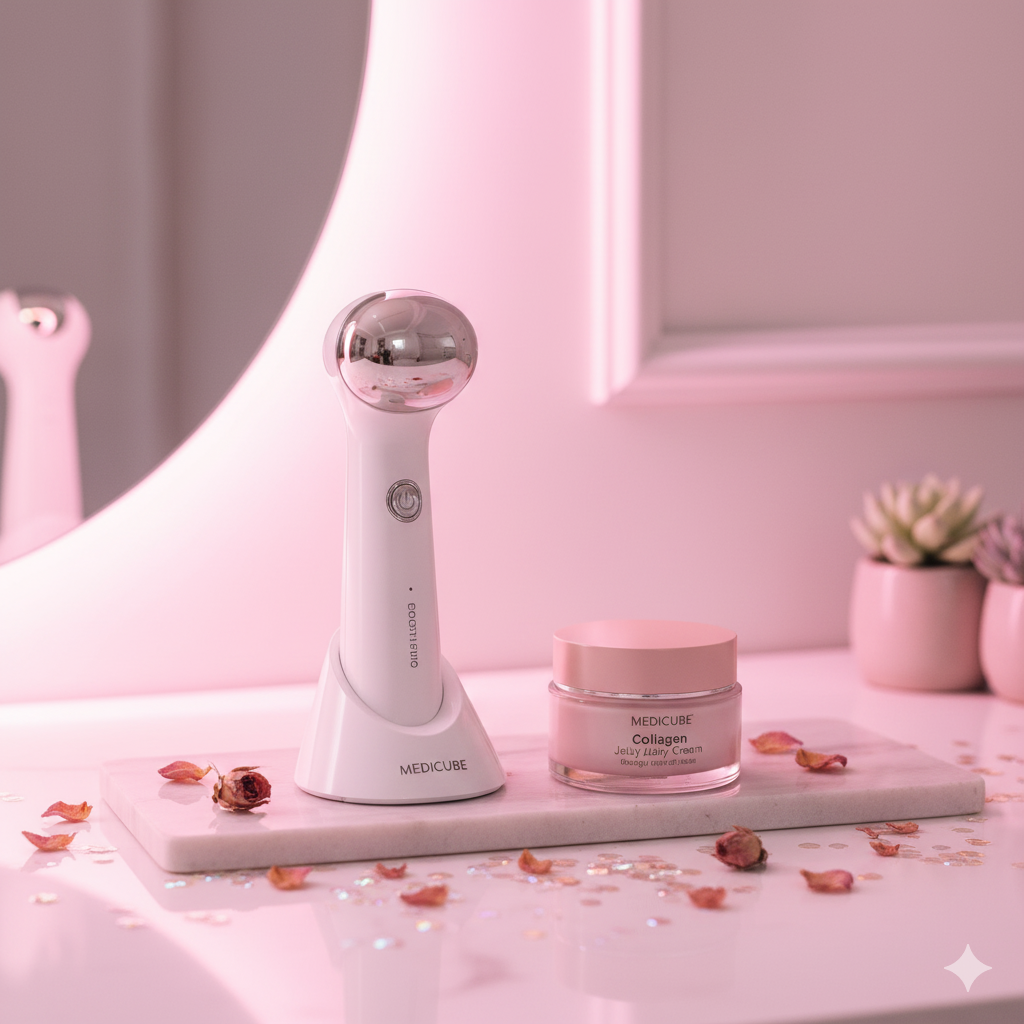 Medicube Pink Skincare Set — Age-R Booster Pro Pink and Collagen Jelly Cream with Niacinamide and Hydrolyzed Collagen for glass-glow skin.