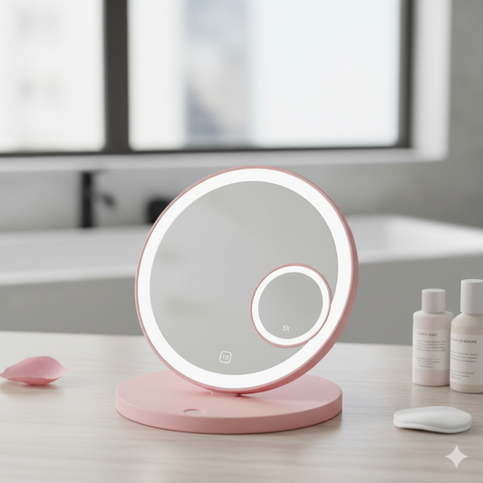 Fancii Cami handheld travel makeup mirror with LED lights and 1X/5X magnification.