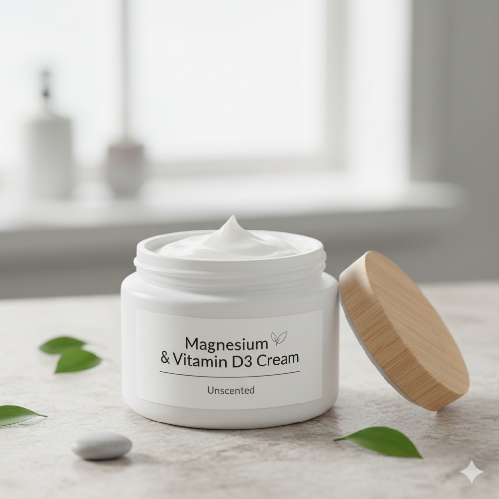 Unscented magnesium and Vitamin D3 calming cream with turmeric and arnica.