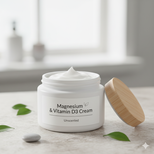 Unscented magnesium and Vitamin D3 calming cream with turmeric and arnica.