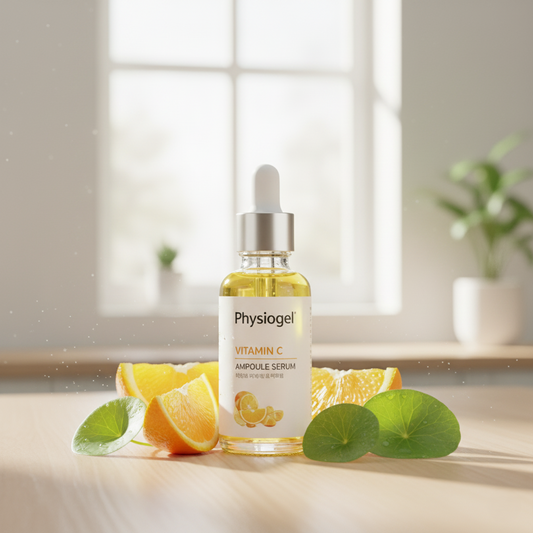 Physiogel Ampoule Vitamin C Face Serum — Korean skincare brightening ampoule with Vitamins C, E, and B5 for hydration, soothing, and barrier repair at GlownovaBeauty.