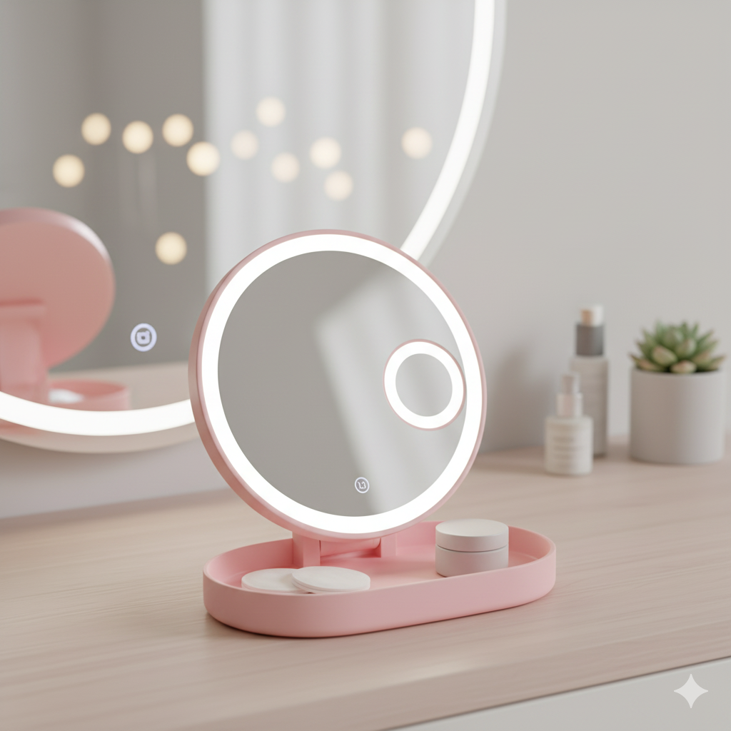 Pink rechargeable LED travel makeup mirror with folding design and adjustable lighting.