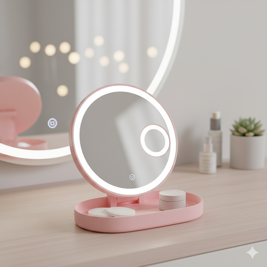 Pink rechargeable LED travel makeup mirror with folding design and adjustable lighting.