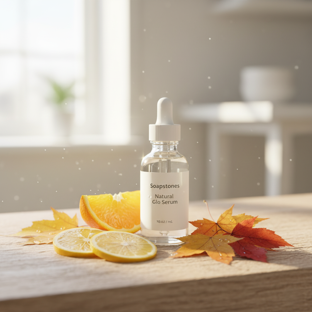 Soapstones Natural Glo Facial Serum — niacinamide, hyaluronic acid, and vitamin C serum infused with bilberry, maple, and citrus extracts for glowing skin at GlownovaBeauty.