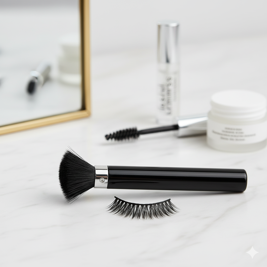 Black-bristled folding angle eyelash brush for clump-free mascara separation.
