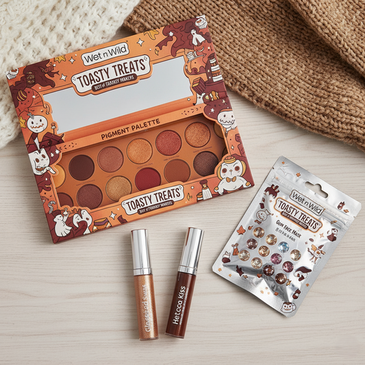 Wet n Wild Toasty Treats Makeup Collection — gem face mask, lip glosses, and pigment palette for radiant looks, available at GlowNovaBeauty.