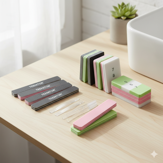 Teenitor 6-piece nail file and buffer kit with emery boards and shine blocks.