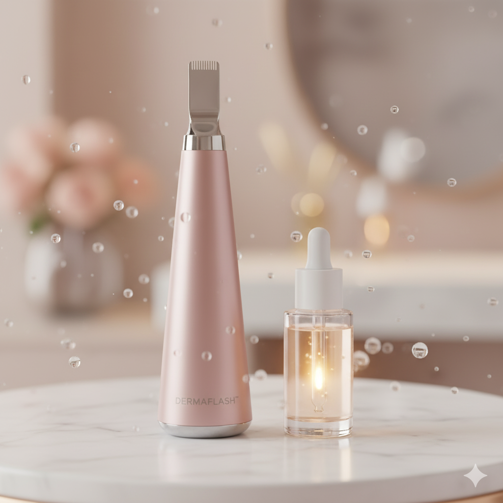 DERMAFLASH DERMAPORE+ Ultrasonic 2-in-1 Pore Extractor and Serum Infuser (Blush) — professional skincare tool for deep cleansing and serum absorption at GlownovaBeauty.