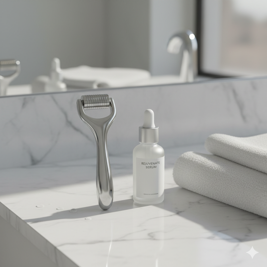 A sleek titanium derma roller on a marble vanity beside a serum bottle and white towel, softly illuminated with natural morning light.