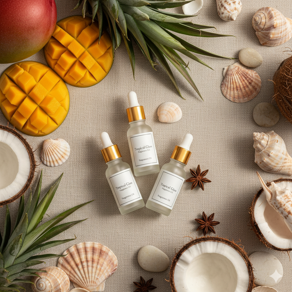 &J Fragrance Oil Tropical Set — tropical candle and soap making fragrance oils with mango, coconut, and ocean breeze scents, available at GlowNovaBeauty.