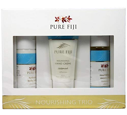 Pure Fiji Nourishing Trio, Ideal Spa Bath Gift Set for Women - Travel Kit - Includes Exotic Body Oil , Hydrating Body Lotion For Women and Nourishing Hand Cream, Coconut Scent