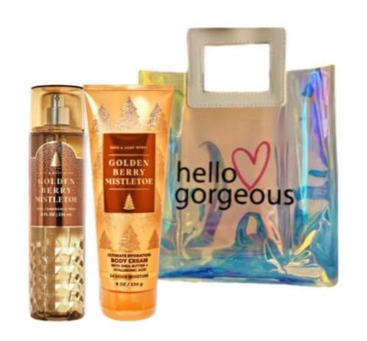 White Barn - Bath and Body Works - Gift Set 2 Piece Bundle - with Gift Bag HELLO GORGEOUS (Golden Berry Mistletoe)