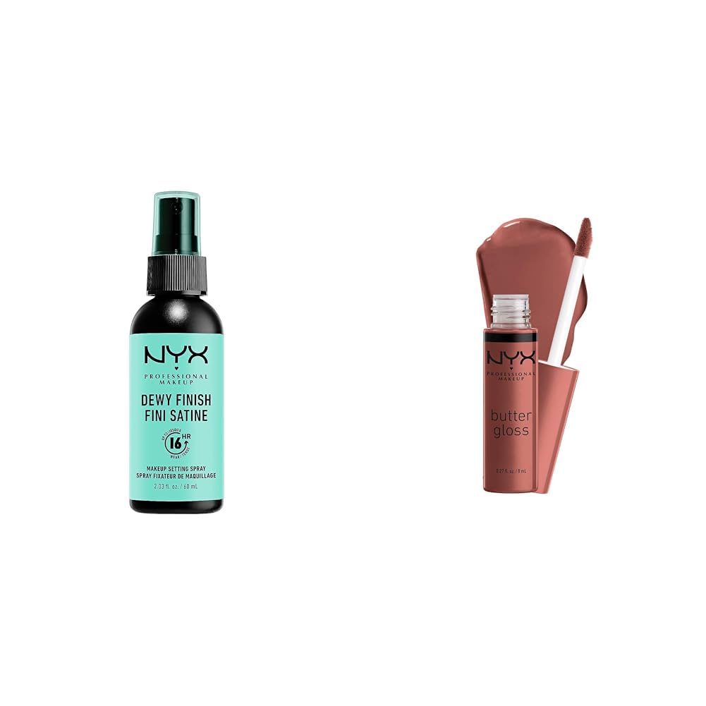 NYX PROFESSIONAL MAKEUP Makeup Setting Spray - Dewy Finish, Long-Lasting Vegan Formula (Packaging May Vary) & Butter Gloss, Non-Sticky Lip Gloss - Praline (Deep Nude)