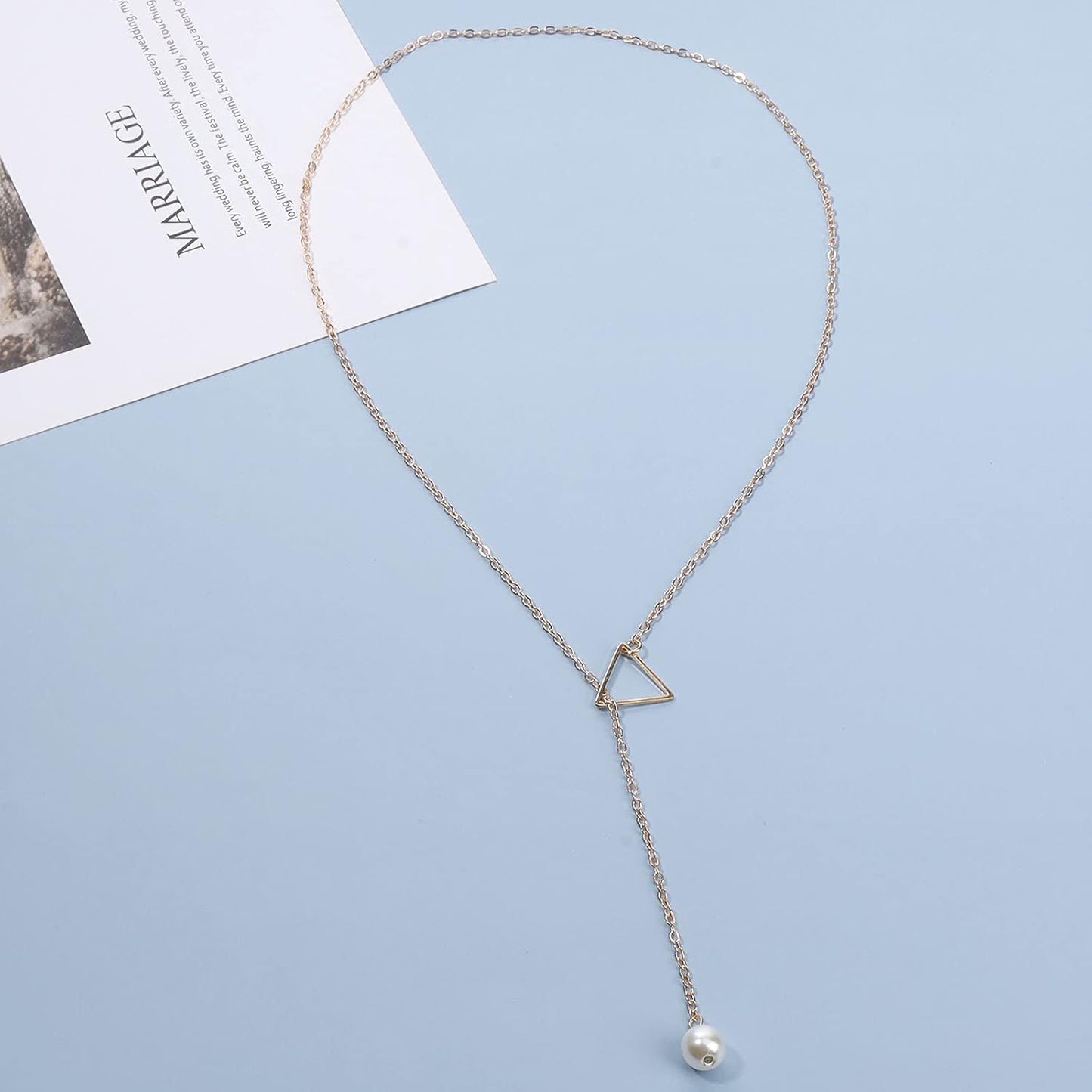 Boho Pearl Triangle Necklace Gold Y Pearl Necklace Minimalist Y Lariat Necklace Geometry Chain Jewelry for Women and Girls