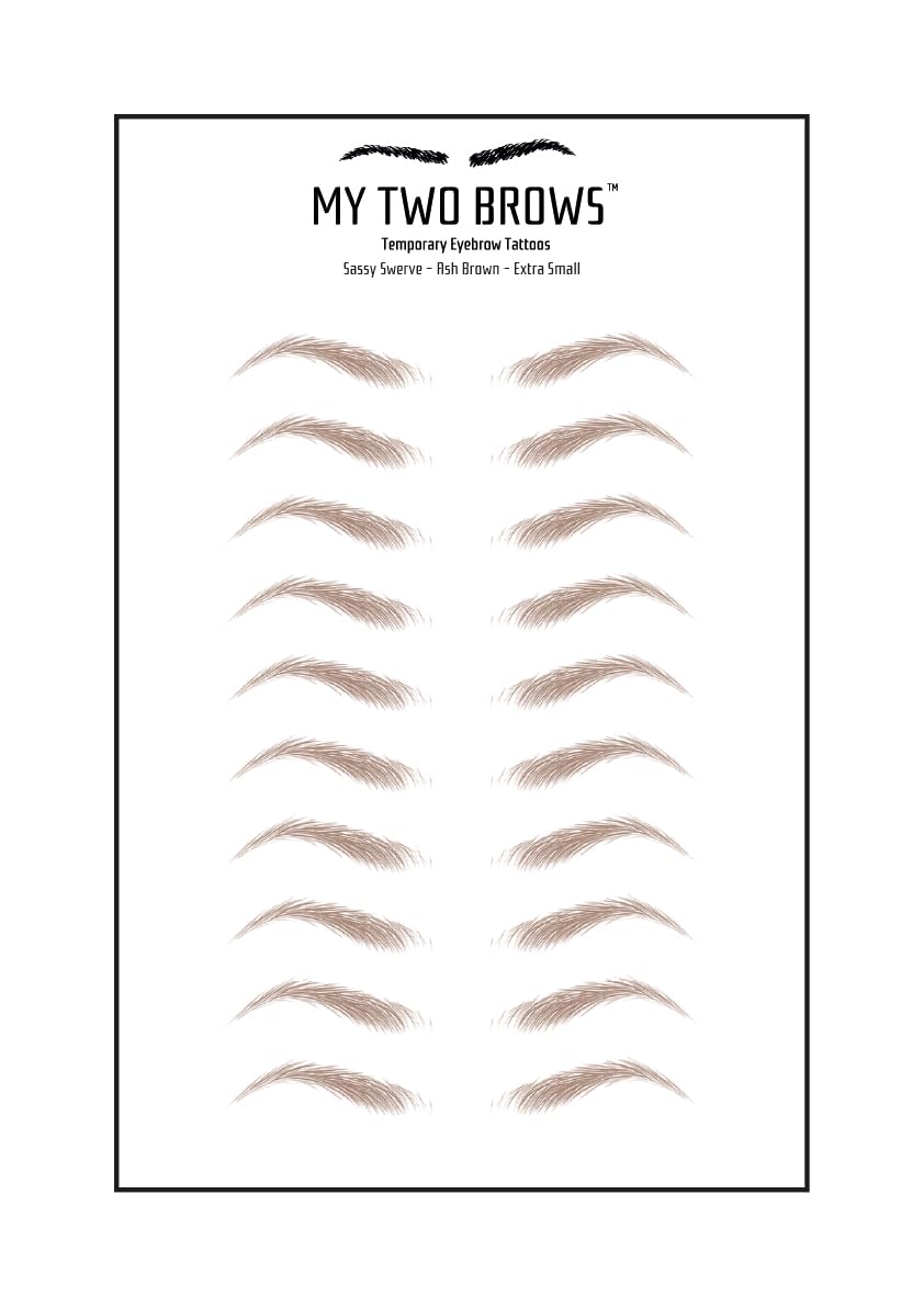 (10 pairs) Ash Brown Temporary Eyebrow Tattoo - Extra Small Size - Waterproof & Smudgeproof - Sassy Swerve Style Eyebrow Stickers - Sheet Lasts up to 30 Days - Won't Work on Existing Brows