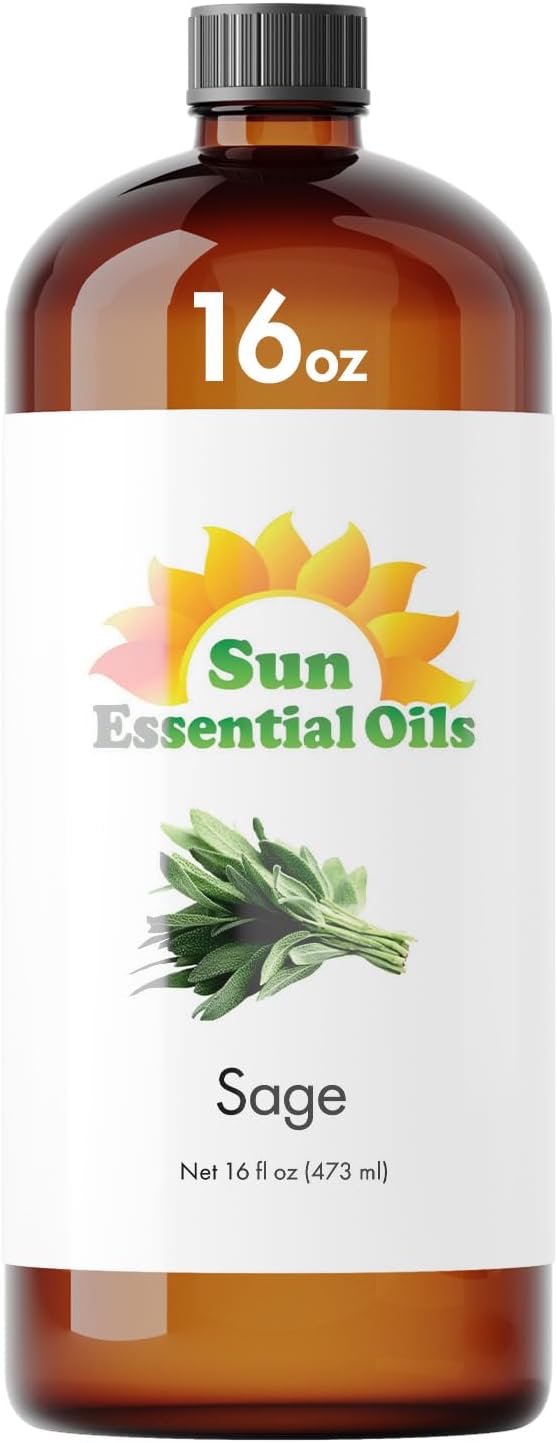 Sun Essential Oils – Sage Essential Oil 16 oz for Diffuser, Skin, Aromatherapy Massage, Humidifier, Herbaceous Scent for Candle, Lotion & Soap Making, Room Fragrance