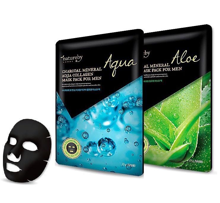 Charcoal Mineral Mask Pack for Men, Korean Skincare Face Wrinkle Treatmen Mask Sheets, Men's Skin Care Sets, Travel Essentials & Gift Sets for Men (Collagen & Aloe, Pack of 6pcs)