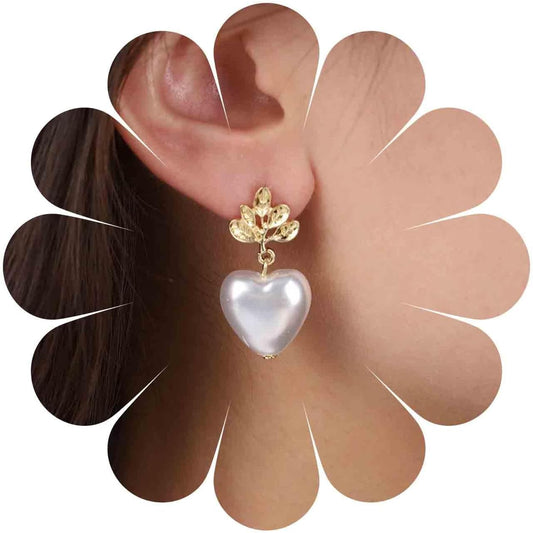 Vintage Pearl Heart Drop Earrings Gold Leaf Pearl Earrings White Pearl Heart Earrings Bridal Pearl Stud Earrings Jewelry for Women