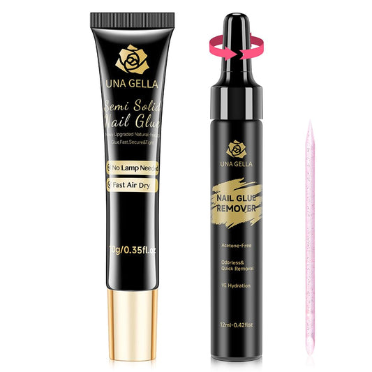 UNA GELLA Quick Drying Solid Nail Glue Gel 10ML with Gel Nail Glue Remover 12ML, for Press On Nails, No Need for Lamp, Long Lasting, Drip Use Remover Pen