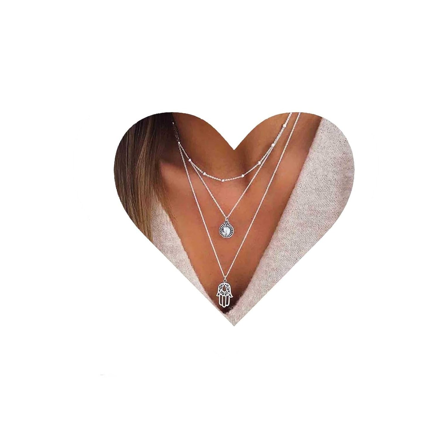 Boho Layered Opal Moonstone Necklace Silver Hamsa Pendant Necklace Futian Hand Necklace Chain Opalite Gem Necklace Jewelry for Women and Girls