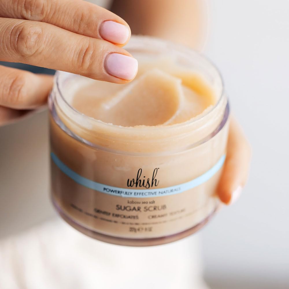 Whish Beauty Kabosu Sea Salt Sugar Scrub - Exfoliating Body Scrub for Women - Brown Sugar Exfoliator with Raspberry, Aloe & Shea Butter - Paraben & Sulfate Free - 8 oz