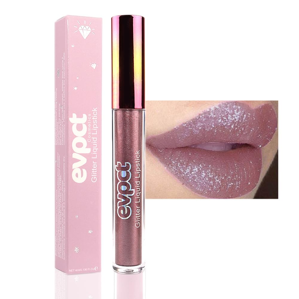 evpct 1Pcs Taupe Mauve Glitter Metallic Shimmer Diamond Lipstick Lip Gloss Stain Set for Women Long Lasting Waterproof, Mauve Purple Sparkle Glitter Matte long Wear Liquid Lipstick Lip Makeup Kit, 08#
