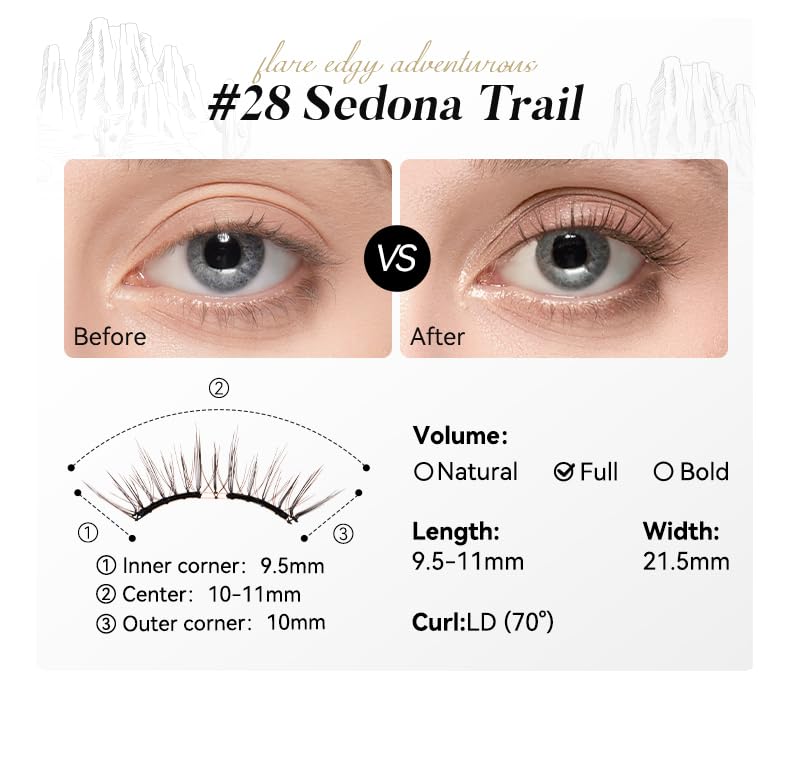 Magnetic Eyelashes with Applicator Kit, [No.28 Destination Collection: Sedona Trail] Reusable Magnetic Lashes without Eyeliner, Glue-free False Lashes, Waterproof, Lightweight