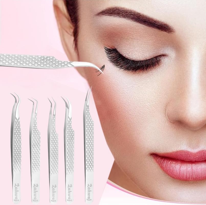 Lash Tweezers - Set of 5 Diamond Grip Eyelash Tweezers - Stainless Steel Professional Fiber Tip Lash Tweezer for Eyelash Extensions (Silver)