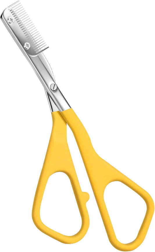 Eyebrow Scissors for Women, Stainless Steel Beauty Scissors with Comb, Precision Trimming Tool for Brows & Facial Hair, Sharp Blades with Safety Guard, Compact & Travel-Friendly (Yellow)