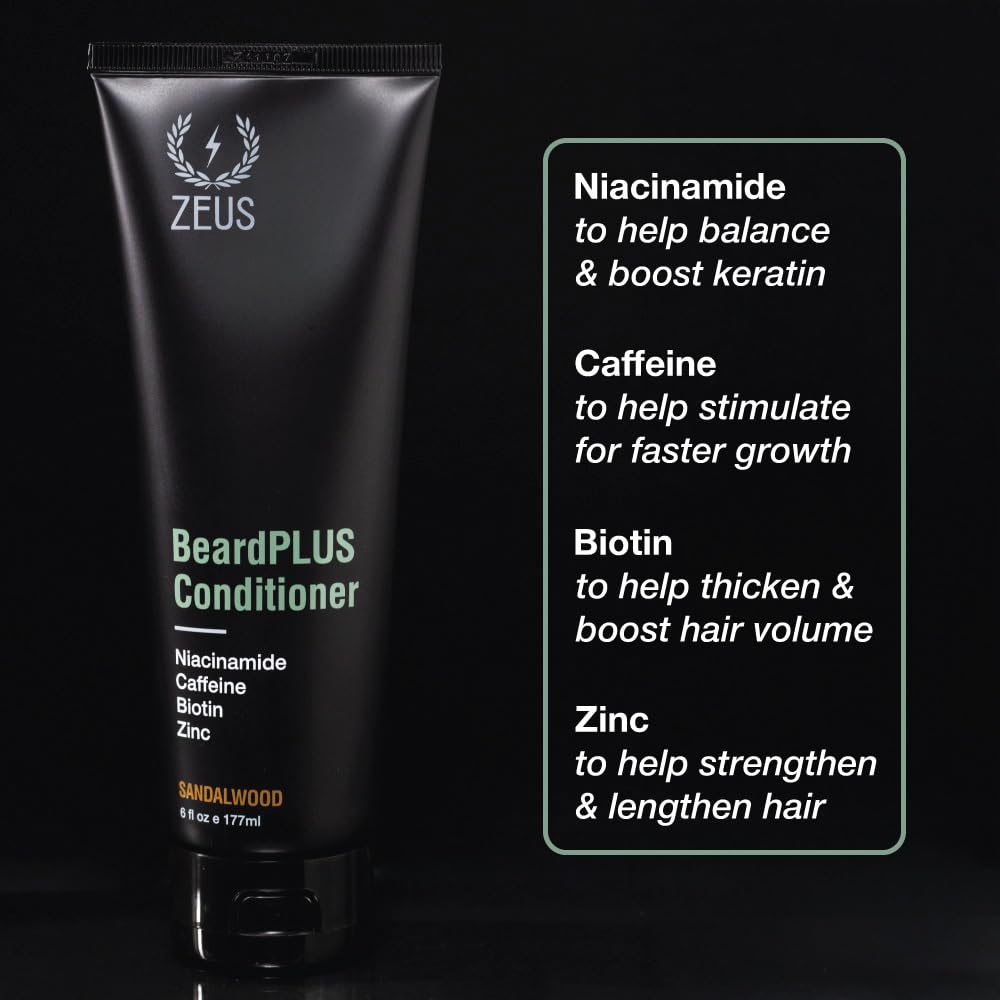 ZEUS BeardPLUS Conditioner for Men, Enhanced Beard Growth & Hair Care Treatment with Biotin & Caffeine to Boost Thickness, Strength, Hydration, and Skin Comfort (Made in USA) 6 oz.