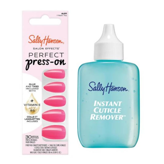 Sally Hansen Instant Cuticle Remover & I Heart You Press On Nails Kit - 15 Second Gel Formula with Aloe