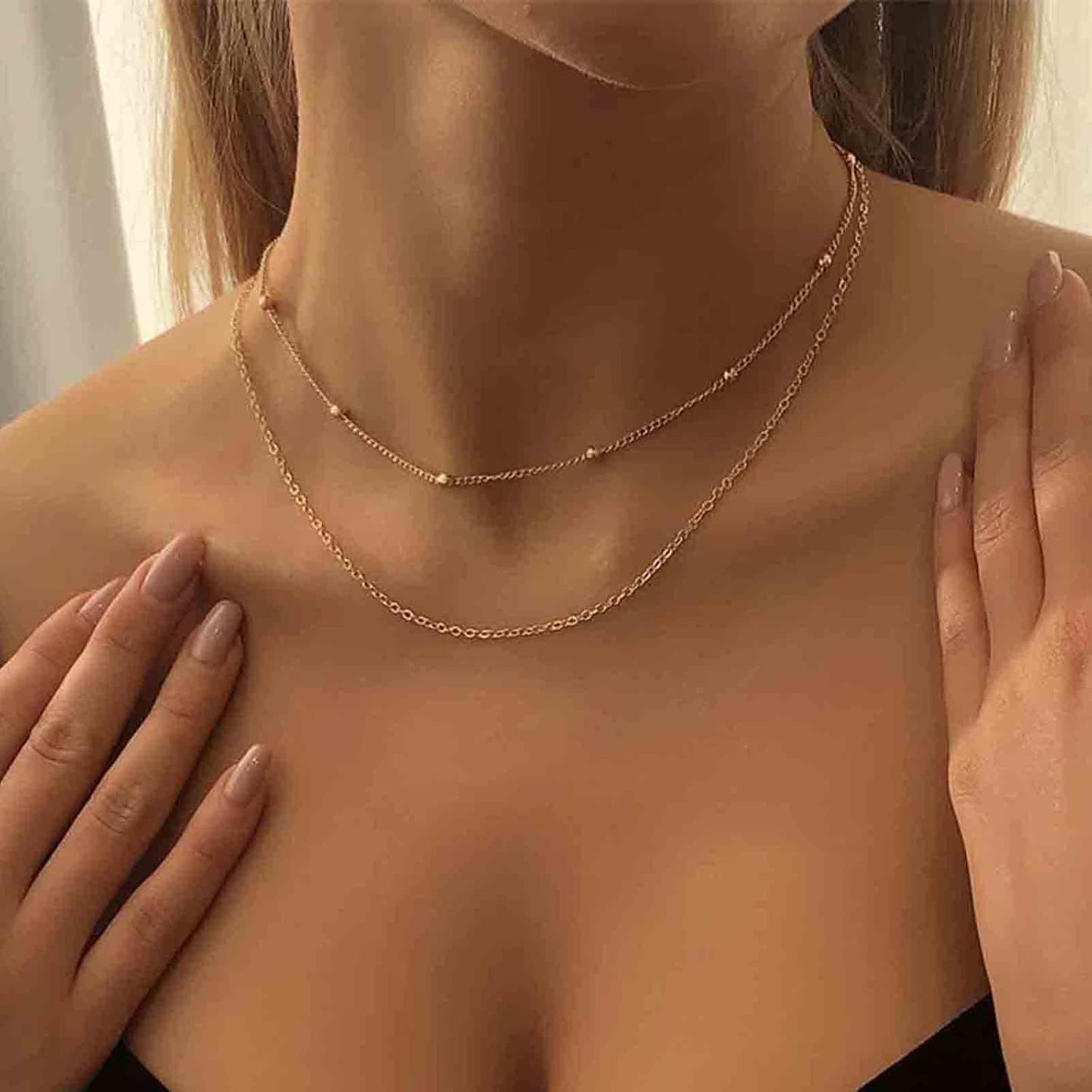 Boho Layered Satellite Choker Necklace Gold Ball Chain Necklace Short Collar Necklace Vintage Double Layer Necklace Jewelry for Women and Girls Gifts