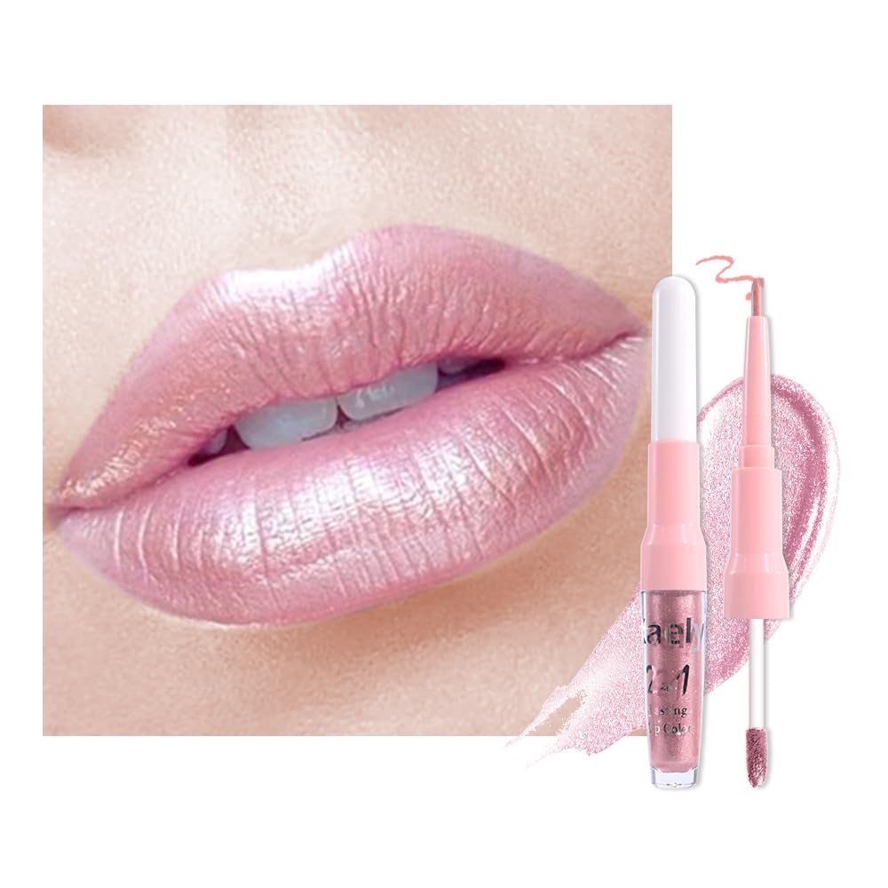 Kaely 2-in-1 Light Pink Metallic Lipstick and Lip Liner, Shimmer Liquid Metallic Lipsticks for Women, Glitter Lip Gloss Stain Long Lasting Waterproof Smudge Proof 24 Hour, Vegan Makeup, 02